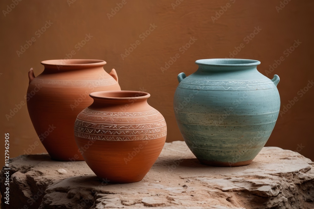 three different colored vases sitting on a rock in front of a wall three different colored vases sitting on a rock in front of a wall