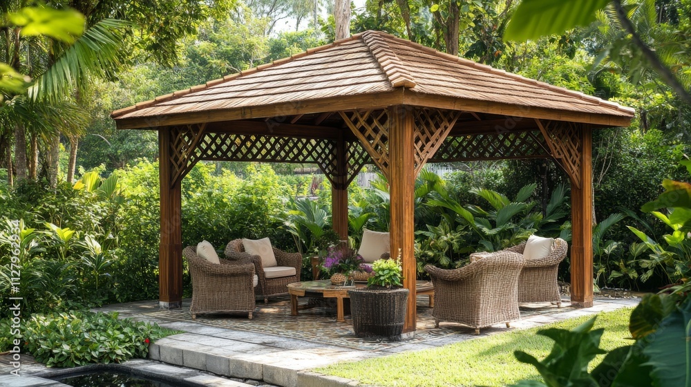 85.A wooden gazebo with rattan chairs and coffee table in a lush tropical backyard with amazing dense tropical and exotic plants: 85.A wooden gazebo with rattan chairs and coffee table in a lush tropical backyard with amazing dense tropical and exotic plants: