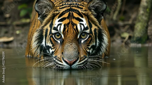 Majestic tiger prowling through calm waters in a lush jungle environment during the daytime