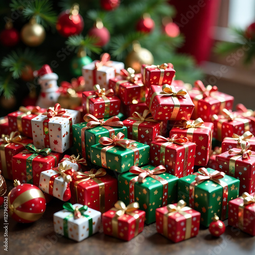 Colorful festive scene with a pile of wrapped and unwrapped toys for the Toy Drive photo