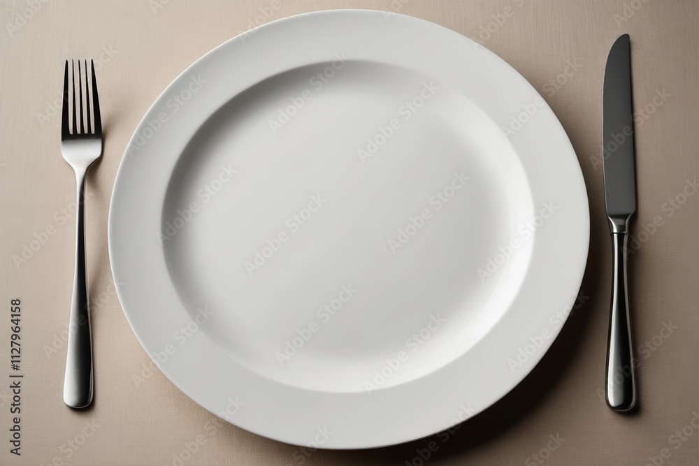 there is a white plate with a fork and knife on it there is a white plate with a fork and knife on it