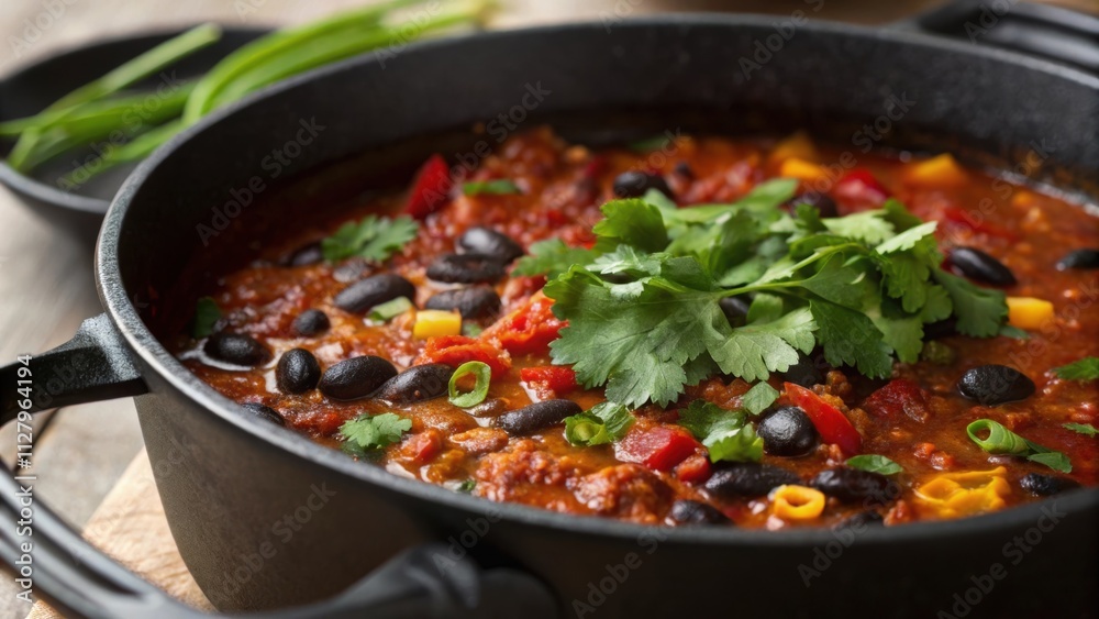 Up close to a bubbling pot the chilis surface captures the eye with its lustrous sheen where dark black beans sit like polished jewels amid a tapestry of red and orange from Up close to a bubbling pot the chilis surface captures the eye with its lustrous sheen where dark black beans sit like polished jewels amid a tapestry of red and orange from