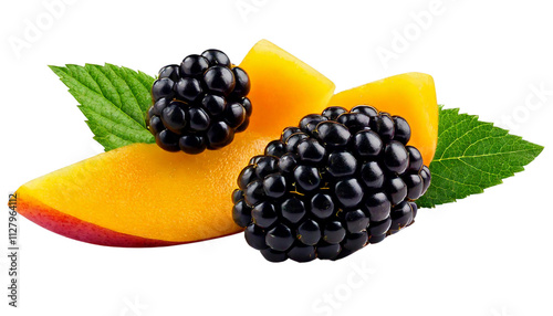 Blackberries and Peach Slice Isolated on White Background