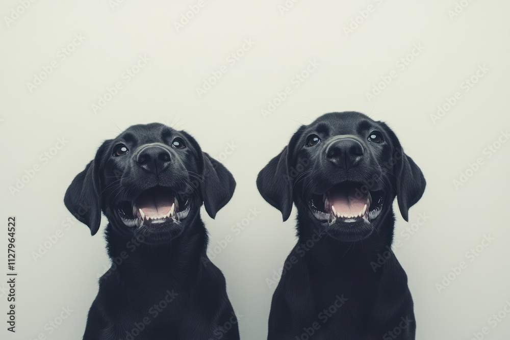 Two happy black Labrador puppies posing side-by-side against a light grey background. Two happy black Labrador puppies posing side-by-side against a light grey background.