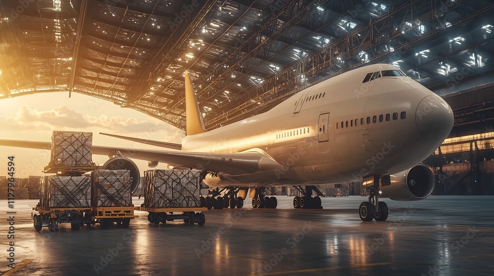 Futuristic cargo plane unloading goods with autonomous systems and connected to a real time logistics network showcasing advancements in transportation and supply chain Futuristic cargo plane unloading goods with autonomous systems and connected to a real time logistics network showcasing advancements in transportation and supply chain