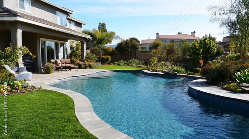 107.Expansive backyard with a sparkling swimming pool, set against a lavish house and abundant green landscape; the luxurious garden design and pristine lawn add to the upscale atmosphere of the