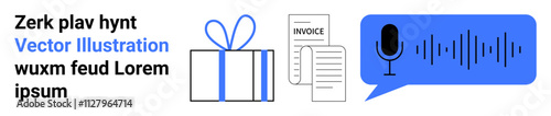 Gift box with blue ribbon, document with text, microphone, and speech bubble with sound waves. Ideal for celebrations, gifts, documentation, communication, speech sound digital media themes