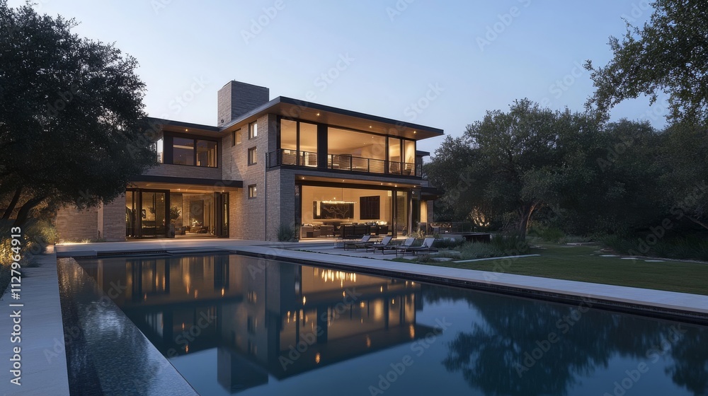 112.A modern house exterior bathed in evening light, with an illuminated swimming pool reflecting the soft hues of dusk; the surrounding landscape and subtle lighting create a peaceful, luxurious 112.A modern house exterior bathed in evening light, with an illuminated swimming pool reflecting the soft hues of dusk; the surrounding landscape and subtle lighting create a peaceful, luxurious