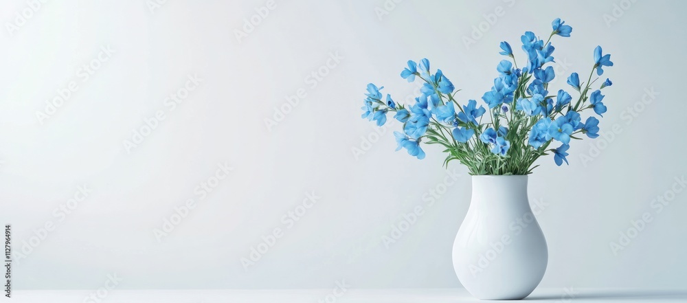 Light blue flowers in a white vase against a white background. Light blue flowers in a white vase against a white background.