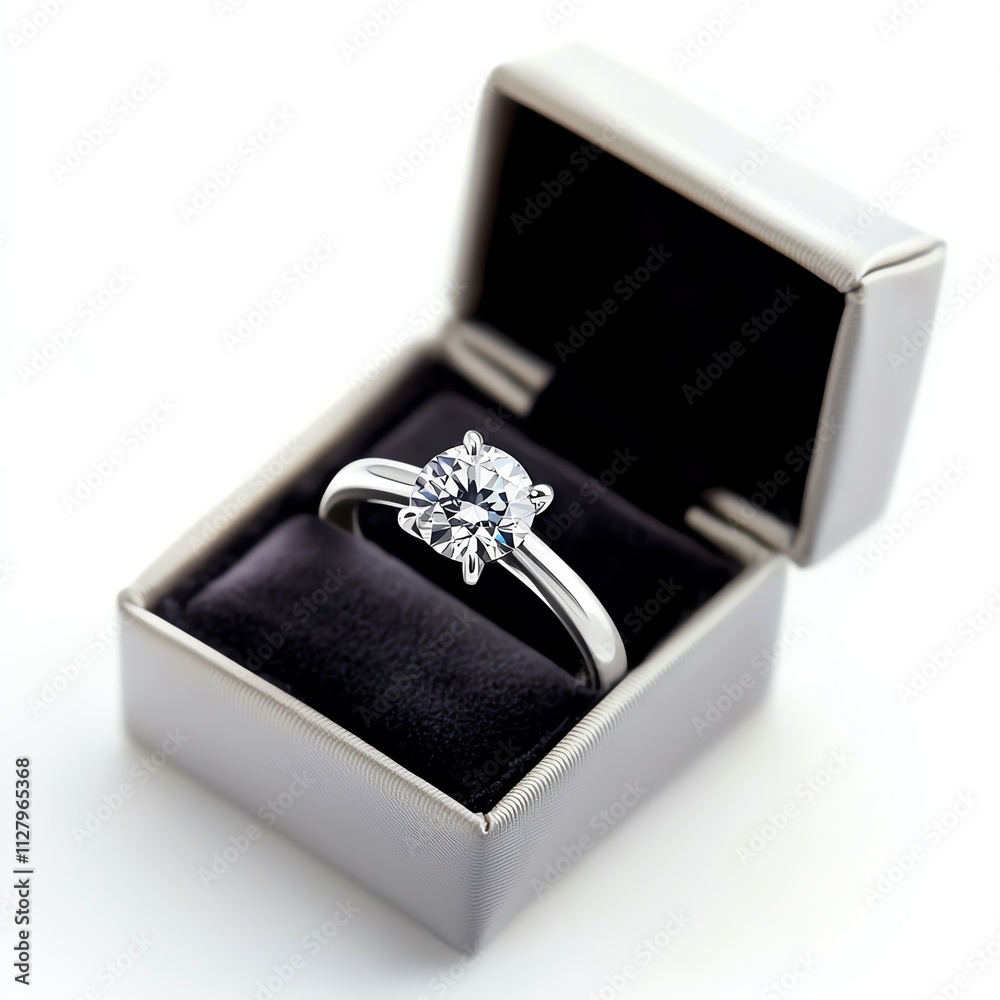 Elegant diamond engagement ring displayed in a sleek silver box with a soft black interior, symbolizing love and commitment. Elegant diamond engagement ring displayed in a sleek silver box with a soft black interior, symbolizing love and commitment.