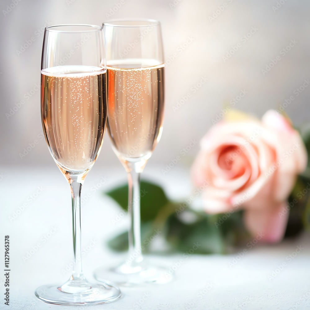 Two elegant glasses of sparkling rose wine with fine bubbles, beautifully paired with a delicate pink rose, creating a romantic and festive atmosphere.