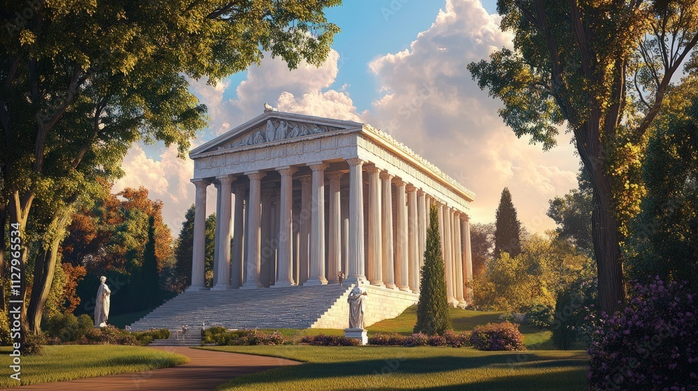 Obraz premium Ancient Greek temple, serene garden setting.