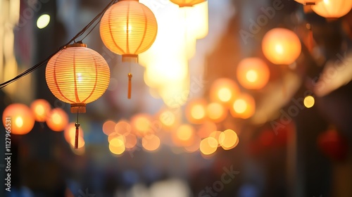Colorful lanterns illuminating a street during twilight, creating a warm and inviting atmosphere, perfect for celebrations and cultural festivities.