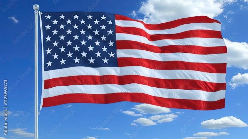 A gently waving American flag under a bright, sunny sky with a few clouds. A gently waving American flag under a bright, sunny sky with a few clouds.