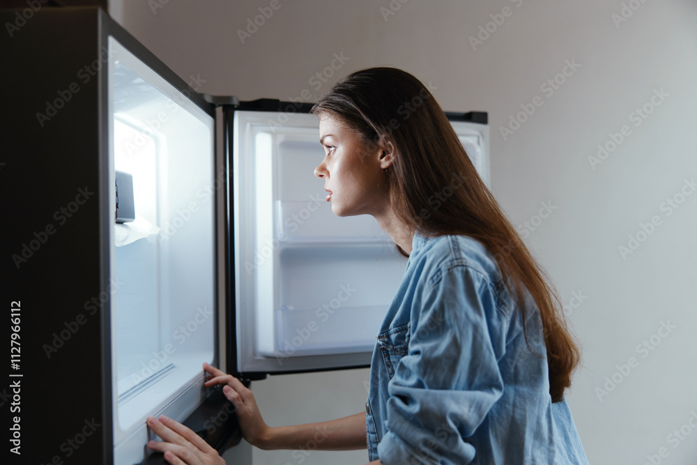 Young female looking into an empty fridge, showcasing emotions of disappointment and contemplation Casual denim jacket, modern kitchen setting, minimalistic design Young female looking into an empty fridge, showcasing emotions of disappointment and contemplation Casual denim jacket, modern kitchen setting, minimalistic design