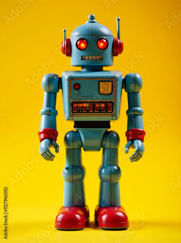Vintage toy robot standing on a yellow background. Retro style, 50s and 60s. Technology and nostalgia concept. Design for banner, poster with copy space