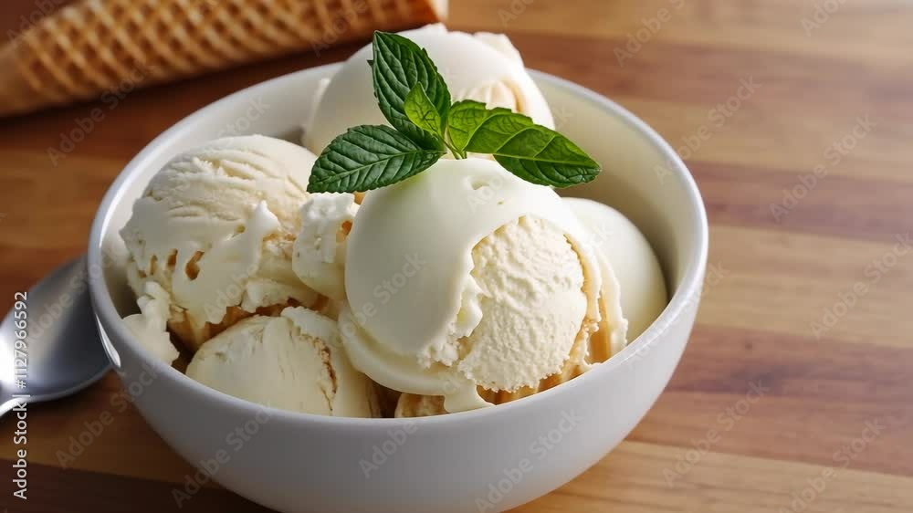 Creamy vanilla ice cream scoops served in a bowl with a fresh mint garnish on a wooden table Creamy vanilla ice cream scoops served in a bowl with a fresh mint garnish on a wooden table