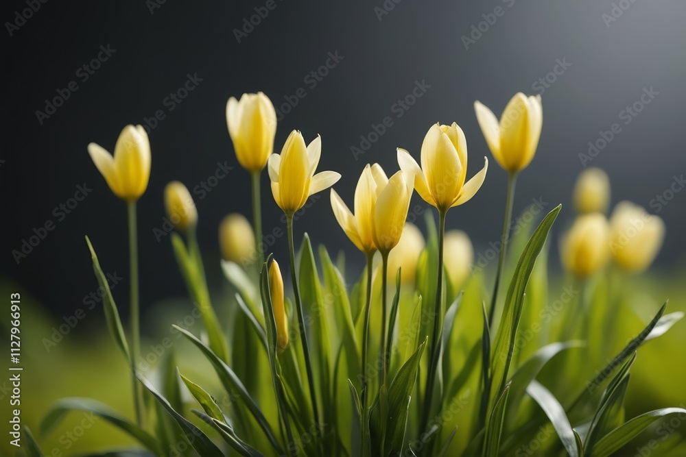 yellow flowers are growing in a green field with dark background