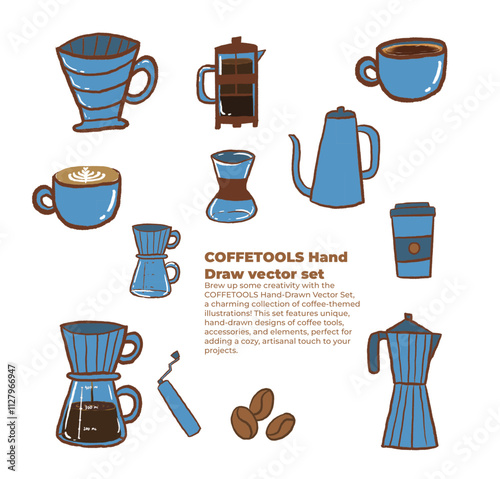 COFFETOOLS Hand Draw vector set. more tools of coffemaker, cup of coffe, collection of tools coffee tools.