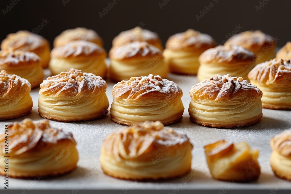 a close up of a tray of pastries with powdered sugar on top a close up of a tray of pastries with powdered sugar on top