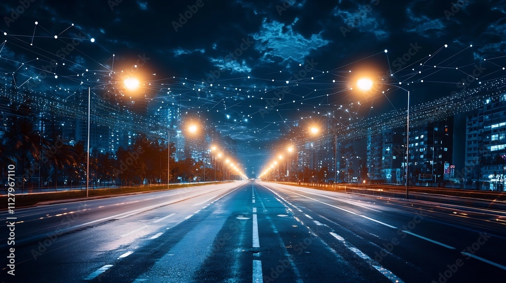 A photograph of a futuristic smart street with synchronized glowing lighting poles connected by a holographic network showcasing the advancement of urban technology and infrastructure in a modern A photograph of a futuristic smart street with synchronized glowing lighting poles connected by a holographic network showcasing the advancement of urban technology and infrastructure in a modern