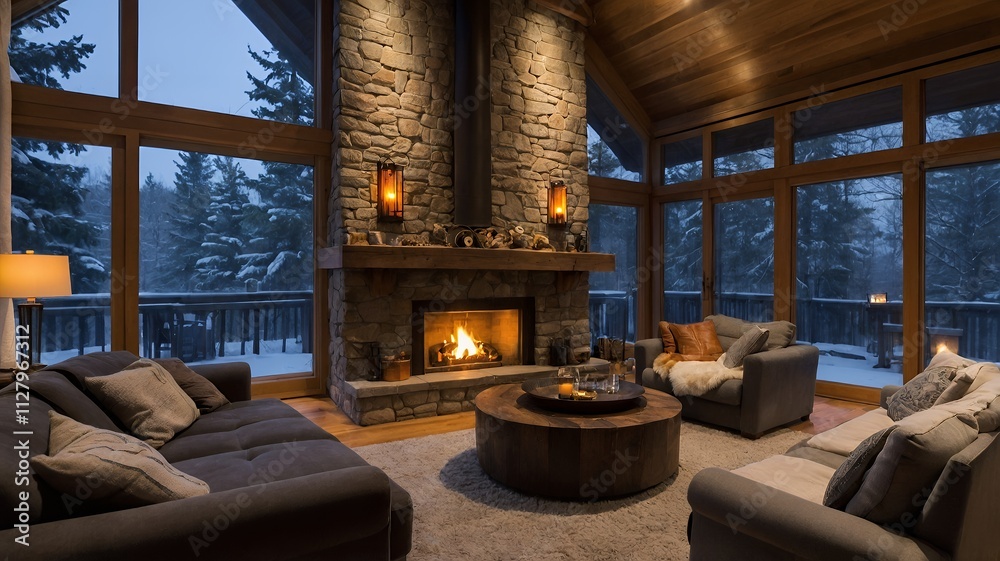 冬の雪景色を望む暖炉とモダンな山小屋風リビングルーム | Cozy Mountain Cabin Living Room with Fireplace and Snowy View 冬の雪景色を望む暖炉とモダンな山小屋風リビングルーム | Cozy Mountain Cabin Living Room with Fireplace and Snowy View