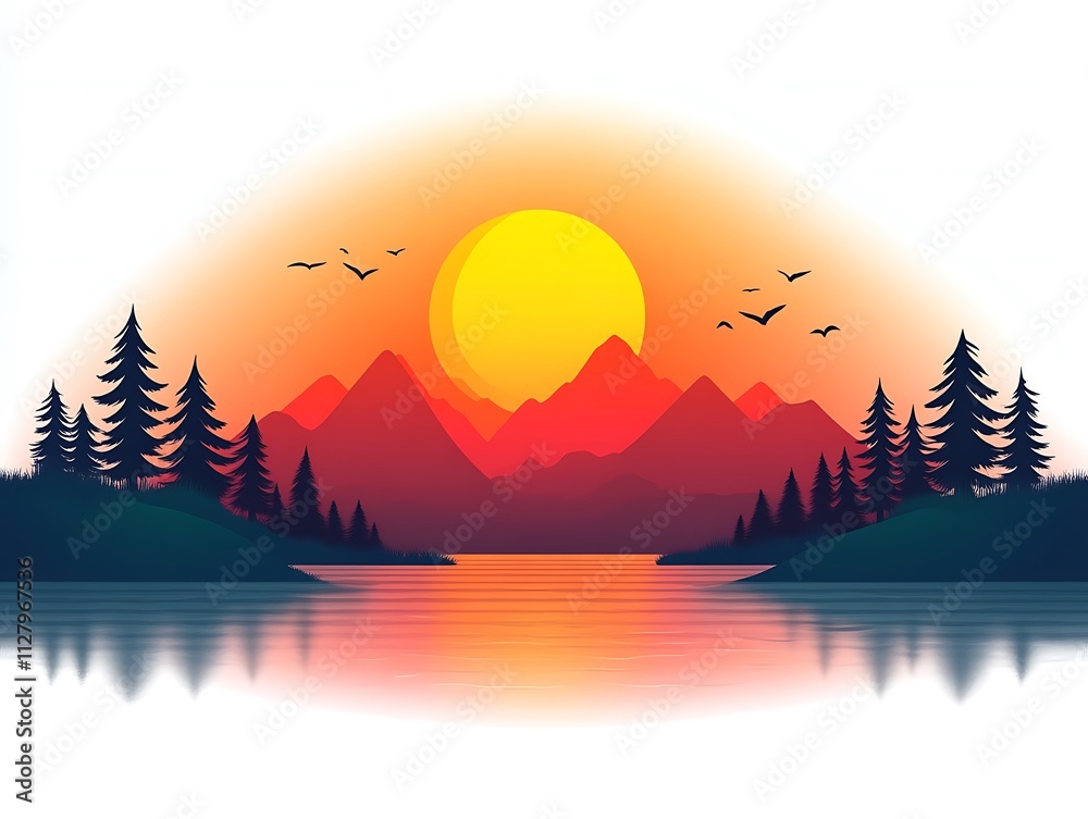 Serene Sunset Over Mountains and Lake with Trees Serene Sunset Over Mountains and Lake with Trees
