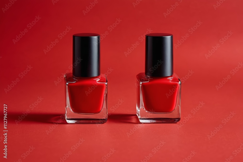 two red nail polish bottles with black caps on a red background two red nail polish bottles with black caps on a red background
