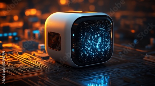 Futuristic cube device displaying data on circuit board.