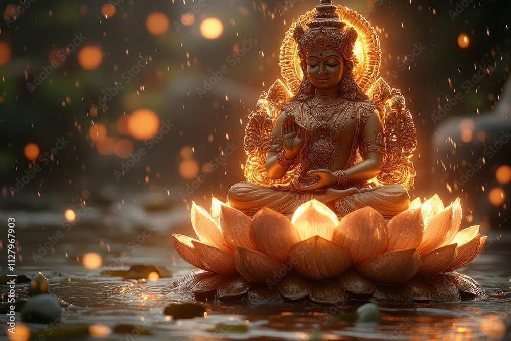 Goddess Lakshmi Illuminated on Lotus Flower in Traditional Indian Art Style Goddess Lakshmi Illuminated on Lotus Flower in Traditional Indian Art Style