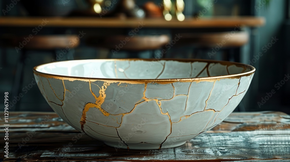 Elegant cracked white bowl with gold accents on rustic wood table.