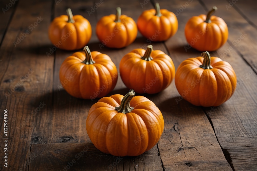 there are nine small pumpkins on a wooden table there are nine small pumpkins on a wooden table