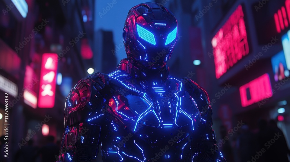 Futuristic cyborg in neon city. Futuristic cyborg in neon city.
