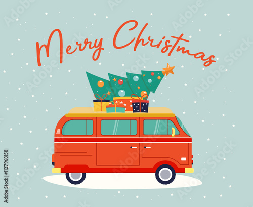  Merry Christmas and Happy New Year Postcard or Poster or Flyer template . Red car with christmas tree and gift boxes. Xmas decoration.