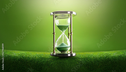 Hourglass time passing green background concept for business deadline, urgency and running photo