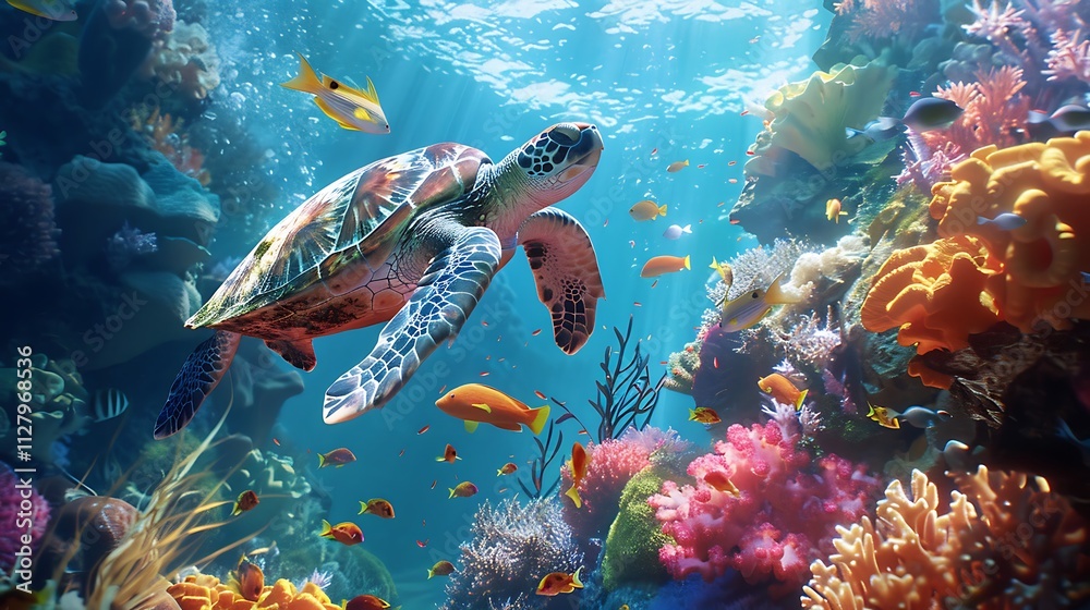 A loggerhead turtle accompanied by a school of fish as it swims through a vibrant coral reef ecosystem. A loggerhead turtle accompanied by a school of fish as it swims through a vibrant coral reef ecosystem.
