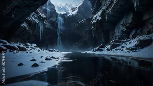 Dark, icy canyon with a waterfall. Snow and ice cover the ground and rocks photo