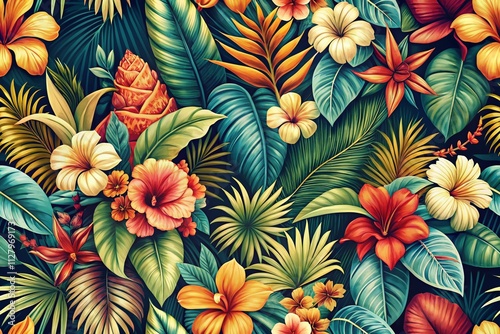 Vibrant Summer Hawaiian Floral Pattern with Tropical Plants, Hand-Drawn Elements, and Colorful Aesthetic for Unique Home Decor and Fashion Prints