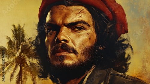 Scruffy revolutionary, red beret, tropical backdrop.