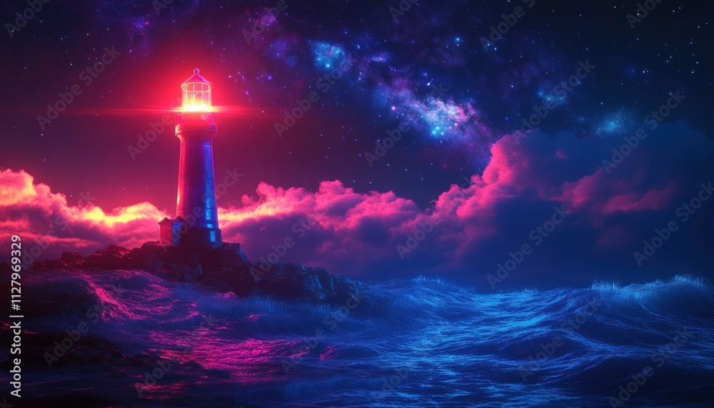 Futuristic digital lighthouse guiding through neon ocean waves in a cyberpunk landscape Futuristic digital lighthouse guiding through neon ocean waves in a cyberpunk landscape