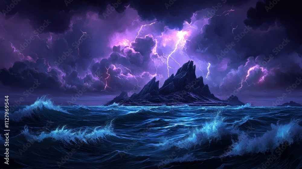 Fototapeta premium Stormy sky over a lonely island in the sea, turbulent waves, dramatic lighting,