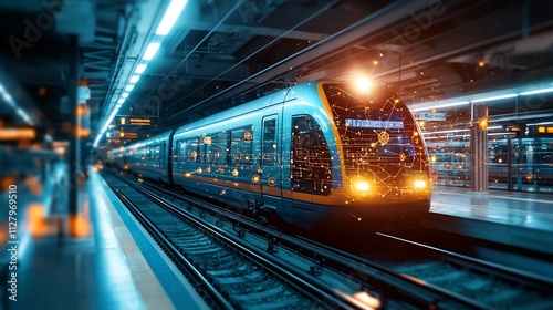 Futuristic underground transportation hub with interconnected escalators trains and IoT systems visualized with glowing network overlays leaving copy space on the bottom right