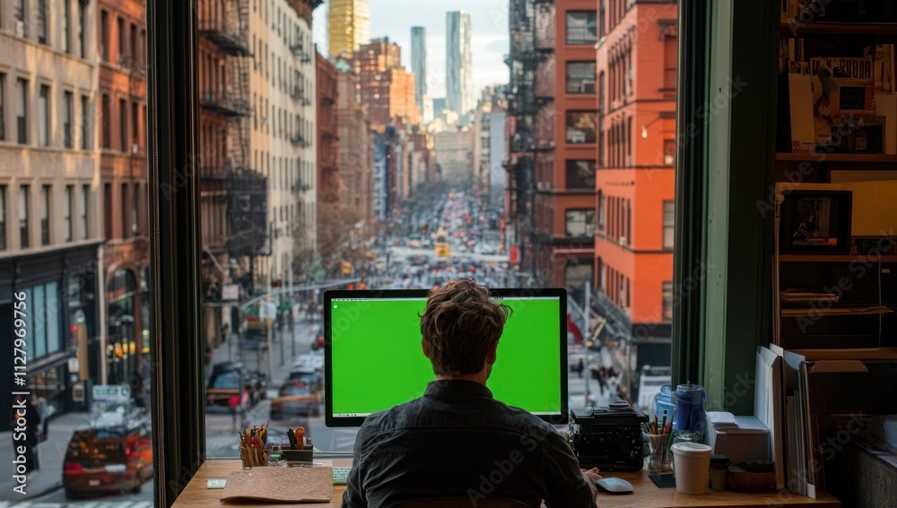 Man working at desk overlooking city street. Man working at desk overlooking city street.