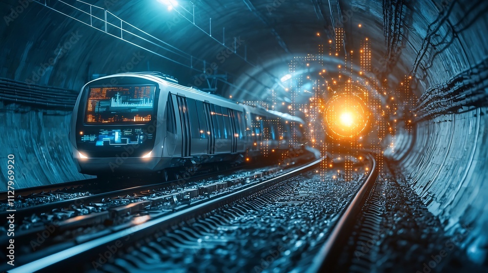 Naklejka premium Futuristic underground transportation hub with interconnected trains and glowing network lines enabling real time data exchange leaving copy space on the left side of the frame