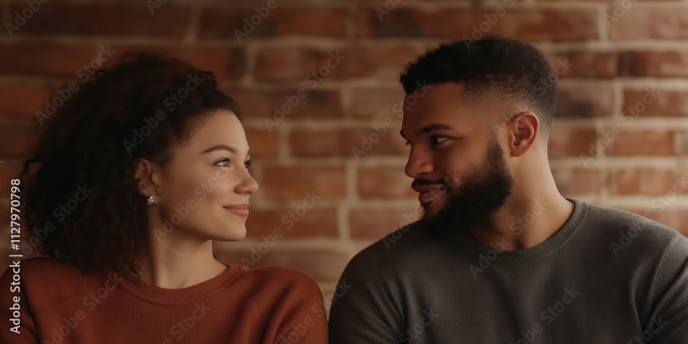 A romantic moment between a couple enjoying each other's gaze in a cozy setting, reflecting deep emotional connection and intimacy against a rustic background. A romantic moment between a couple enjoying each other's gaze in a cozy setting, reflecting deep emotional connection and intimacy against a rustic background.