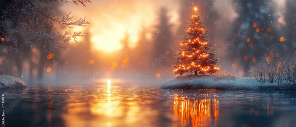 Christmas winter scene with glowing Christmas tree festive lights cozy atmosphere celebration Christmas winter scene with glowing Christmas tree festive lights cozy atmosphere celebration