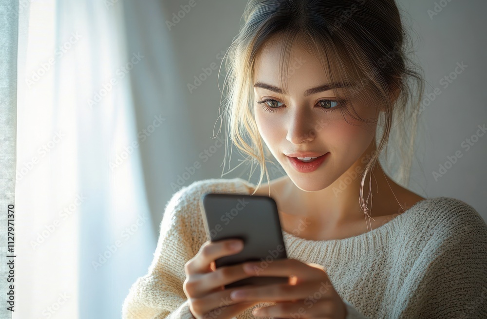 Smiling Middle-Aged Woman Using Smartphone in Bright Indoor Setting Smiling Middle-Aged Woman Using Smartphone in Bright Indoor Setting