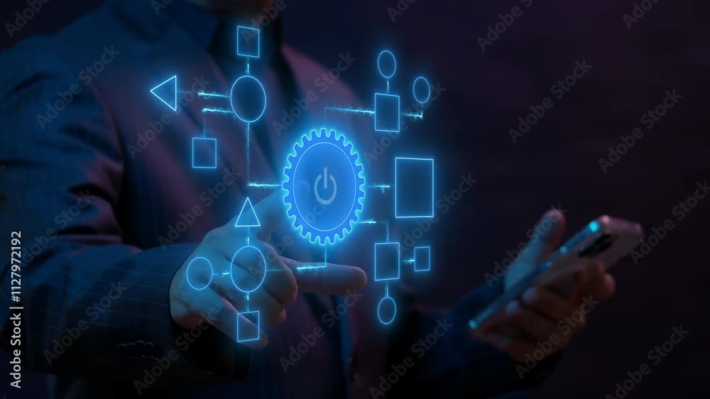 Business process and workflow automation with flowchart. Business and technology concept. Businessman push on power button to shows arranging processing management on virtual screen.