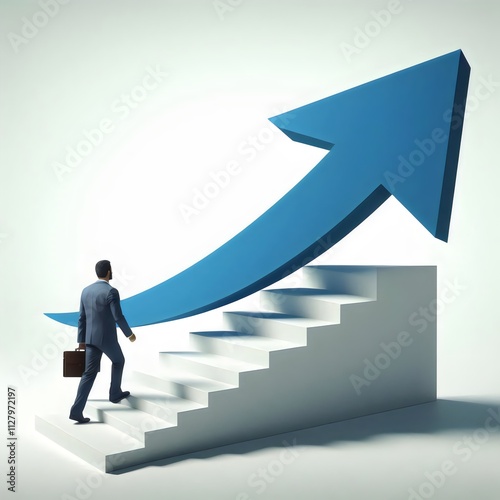 A man walking up stairs with a blue arrow pointing up.