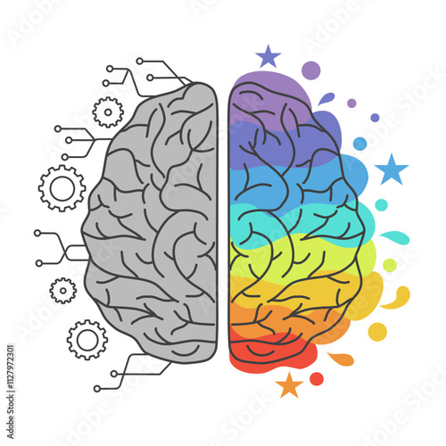 Left and right brain concept with logic science and color creativity concept in flat design vector illustration.